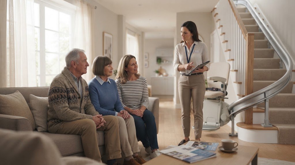 Family choosing the best stair lift for an elderly person