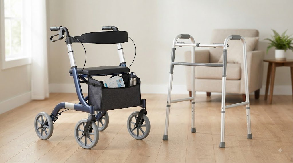 Four-wheel rollator compared with a standard walker