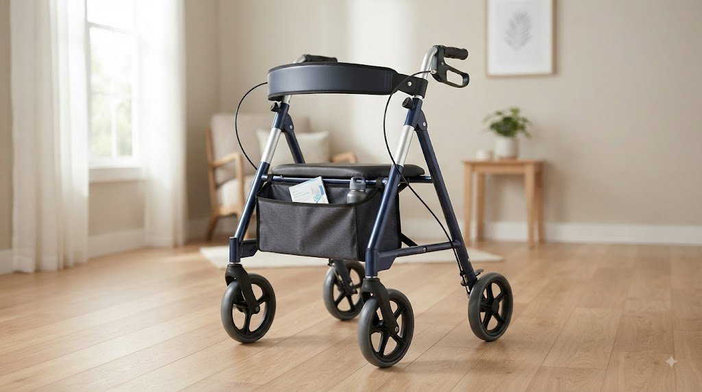 Four-wheel rollator walker with seat, brakes, handles and storage bag