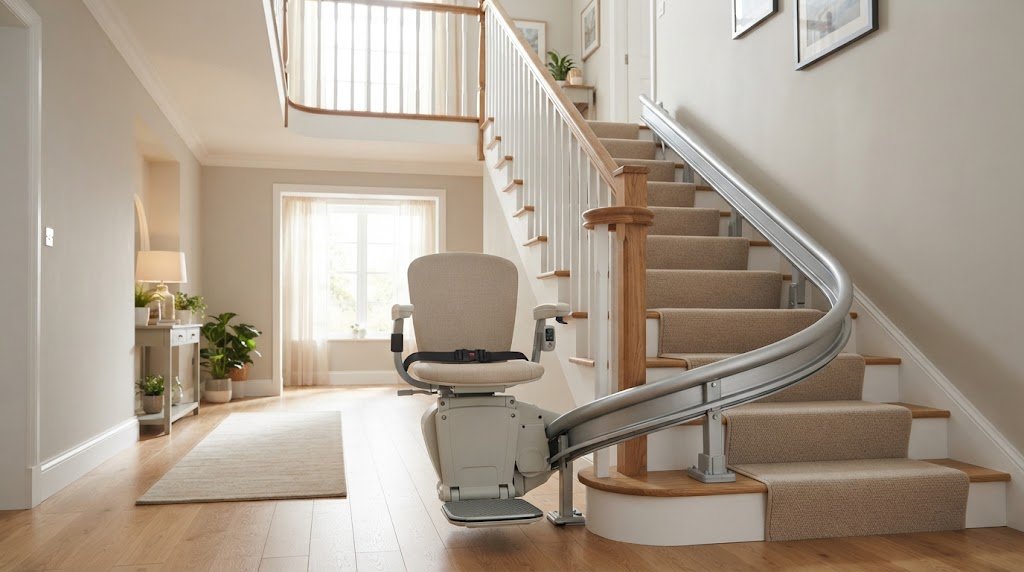 Modern indoor stair lift installed on a residential staircase